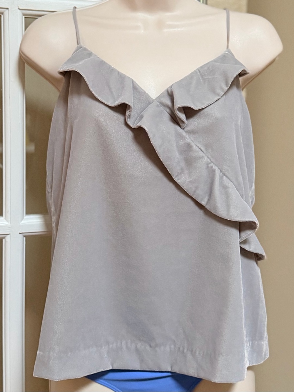 J. Crew Gray Ruffle Spaghetti Strap Velvet Camisole
